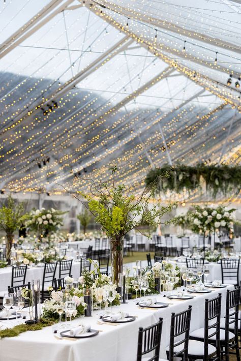 Classic Tent Wedding Reception, Clear Tent Reception, Wedding Reception Clear Tent, Clear Span Tent Wedding, Summer Wedding Tent, Black And White Tent Wedding, Tent Reception Ideas, Clear Tent Wedding Reception, Glass Tent Wedding