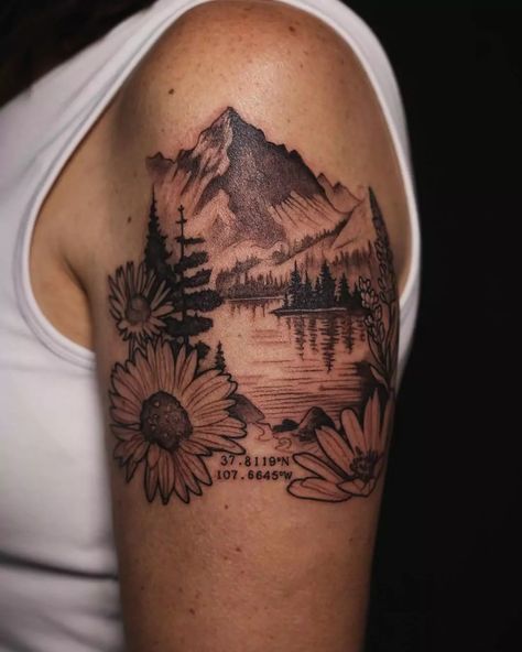 Western Women’s Sleeve Tattoos, Mountain Tattoo Women Arm, Tattoos For Women Cover Up, Western Wolf Tattoo, Women’s Outer Bicep Tattoo, Women Tattoo Stencil Designs, Forearm Nature Tattoos For Women, Sunflower Mountain Tattoo, Hiking Trail Tattoo