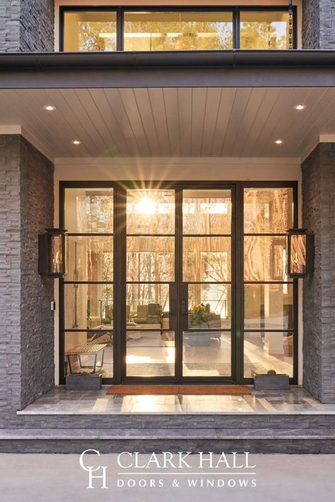 Exterior Double Doors With Glass Panels, Spa Front Entrance, Modern Front Doors With Glass Panels Black, Double Glass Front Doors Modern, Cool Front Doors Modern, Modern Front Doors With Glass Panels Entrance, Marvin Front Entry Doors, Tall Front Door Entrance, Commercial Doors Entrance