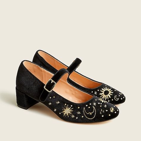 J.Crew: Celestial-embroidered Velvet Mary Jane Pumps For Women Hot Pink Heels, Embroidery Shoes, Kitten Heel Pumps, Mary Jane Pumps, Mary Jane Heels, Patent Leather Heels, Jcrew Women, Party Shop, Ankle Strap Heels