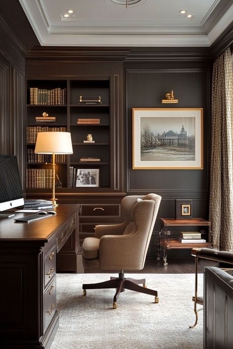 Gentleman Office Study, Office Brown Aesthetic, Moody Home Library Office, Dark Wood Study Room, Lux Office Design, Husband Home Office, New England Office, Gentleman Office Interior Design, Old Money Office Decor