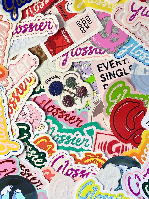 Stickers Sheet Aesthetic, Glossier Merch, Glossier Poster, Glossier Wallpaper, Glossier Pink Pouch, Glossier Branding, Macbook Screensavers, Skincare Stickers, Glossier Aesthetic