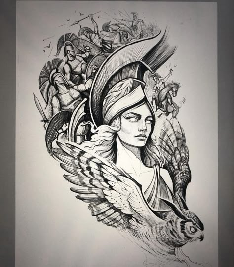 Woman Warrior Tattoo Goddesses, Tattoos Goddesses, Athena Goddess Tattoo, Woman Warrior Tattoo, Greek Goddesses Drawing, Tattoo Goddesses, Upper Half Sleeve Tattoos, Greek Goddess Tattoo, Greece Tattoo