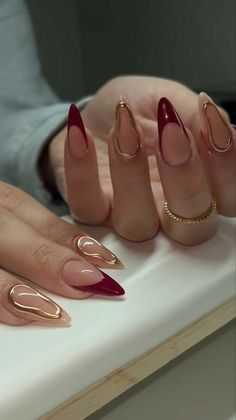 Year Nails, Bday Nails, Birthday Nail Designs, Red And Gold Nails, Wine Nails, Ootd Instagram, Almond Nails Designs, Uñas Acrilicas, French Tips