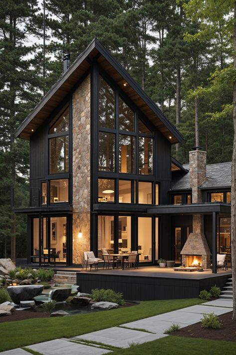 Modern House Exterior with Stone Wall and Fireplace - Design Ideas AI Modern Stone Cottage, Dark Stone Exterior Houses, Earthy House Exterior, Black Stone House, Modern Lake House Exterior, Large Modern House, Stone Cladding Exterior, Couch And Chairs, Mountain Home Exterior