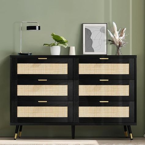 Amazon.com: REVOMINCA Rattan Dresser for Bedroom, 6 Drawer Rattan Dresser, Boho Dresser with Gold Handles & Legs, Wood Rattan Chest of Drawers for Bedroom, Storage Drawers for Living Room and Hallway : Home & Kitchen Black And Tan Dresser, Black Rattan Dresser, Modern Boho Dresser, Modern Dressers For Bedroom, Dresser Rattan, Drawer Rattan, Boho Dresser, Rattan Dresser, Rattan Design