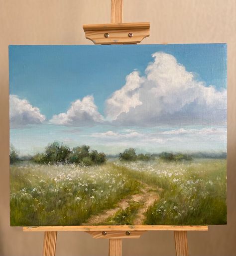 Landscape Water Paintings, Oil Painting Landscape Easy, Cloud Landscape Painting, Country Aesthetic Painting, Landscape Painting Inspiration, Easy Painting Landscape, Spring Paintings Acrylic, Spring Painting Ideas Easy, How To Paint Acrylic