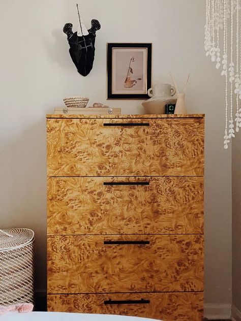 Burl Wood or Contact Paper? These 3 Furniture Hacks Are an Optical Illusion | domino Contact Paper Cabinets, Burled Wood Furniture, Tv Unit Interior Design, Paper Furniture, Faux Painting, Diy Dresser, Wood Dresser, Burl Wood, Wood Bedroom