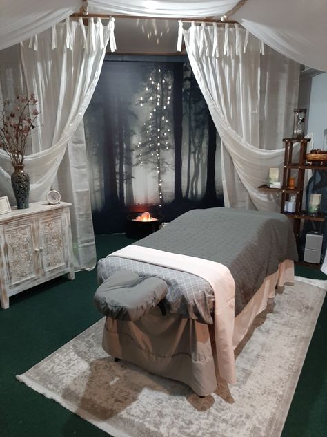 Luxury Massage Room Interior Design, Boho Massage Room Decor, In Home Massage Room Ideas, She Shed Massage Studio, Massage Room Ceiling Ideas, At Home Massage Room, Moody Massage Room, Earthy Massage Room Ideas, Dark Massage Room Ideas