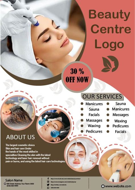 Flyer advertisement for a beauty center Salon Advertising Ideas, Spa Advertising, Hair Advertising, Beauty Salon Marketing, Massage Pictures, Spa Logo Design, Spa Flyer, Beauty Salon Posters, Skin Center