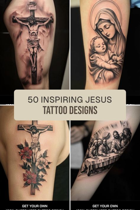 Looking for meaningful Jesus tattoo ideas? Check out our top 50 stunning designs! Explore unique symbols that reflect faith, love, and hope. Whether you're considering a small piece to feature your devotion or a larger artwork on your body, these ideas blend powerful imagery with deep significance. Discover inspirations that resonate with your spiritual journey—like crosses, portraits, and scripture tattoos—that celebrate your beliefs in life Jesus Tattoo Ideas, Jesus Tattoo Design, Scripture Tattoos, Christian Tattoo, Celtic Cross Tattoos, Cross Tattoos For Women, Free Tattoo Designs, Jesus Sacrifice, Jesus Tattoo