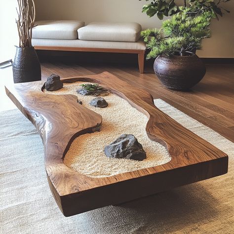 The Zen Rock Garden Coffee Table brings tranquility into your home with its minimalist design. Inspired by traditional Japanese rock gardens, this table features a serene arrangement of stone-like elements on a smooth, natural surface. Its calming aesthetic makes it a perfect centerpiece for fostering relaxation and mindfulness in any living space. Zen Garden Table, Japanese Furniture Modern, Stone Sofa, Granite Table, Japanese Rock Garden, Calming Aesthetic, Zen Rock Garden, Zen Rock, Garden Coffee Table