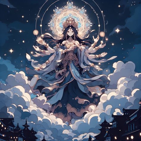 An anime of goddess Durga with light clouds in the night sky Croquis, Cloud Goddess Art, God Of Sky Fantasy Art, Goddess Of Time Fantasy Art, Durga Digital Art, Cloud Goddess, Lightning Goddess, Art Goddesses, Anime Goddess