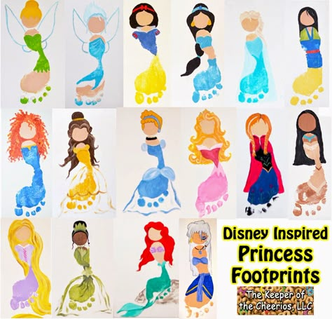 16 Disney Inspired Footprint Crafts – The Keeper of the Cheerios Princess Crafts, Footprint Craft, Footprint Crafts, Footprint Art, Handprint Crafts, Daycare Crafts, Handprint Art, Disney Diy, Camping Crafts