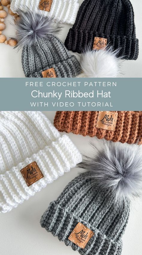 Free Crochet Pattern for Blog Subscribers. Bundle up and stay cozy in the Chunky Ribbed Crochet Hat. The crochet hat is thick and warm with a fold-over band and unique ribbed stitch. Sizing includes baby to adult with a step-by-step video tutorial on YouTube. Crochet Hats Free Pattern Thick Yarn, Crochet Ribbed Hats Free Pattern, Faux Knit Crochet Hat, Chunky Ribbed Crochet Hat, Chunky Knit Toque Pattern Free, Free Crochet Toque Patterns, Crochet Beanie Pattern Free Bulky Yarn, Softee Chunky Patterns, Crochet Stocking Hat Free Pattern