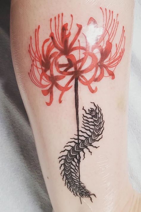 Japanese Spider Lily Tattoo Tokyo Ghoul, Spider Lily Centipede Tattoo, Spider Lily Tokyo Ghoul Tattoo, Tokyo Ghoul Centipede Tattoo Design, Spider Lilly Tatoos Tokyo Ghoul, Tokyo Ghoul Spider Lily Tattoo, Red Spider Lily Tattoo Tokyo Ghoul, Red Anime Tattoo, Anime Spider Tattoo