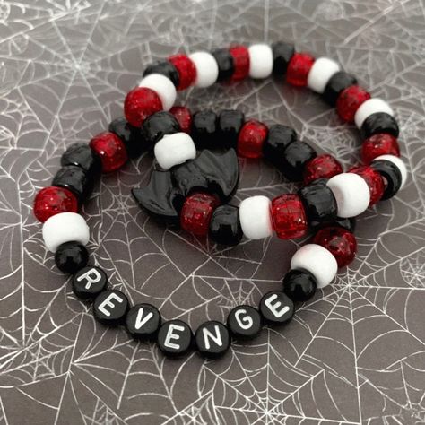 Three cheers inspired Kandi bracelets x 2 ❤️ Red Kandi Bracelets, Mcr Bracelet Ideas, Diy Emo Jewelry, Hhn Bracelets, Band Kandi, Kandi Bracelets Patterns, Emo Kandi, Emo Bracelets, Soda Tab Bracelet