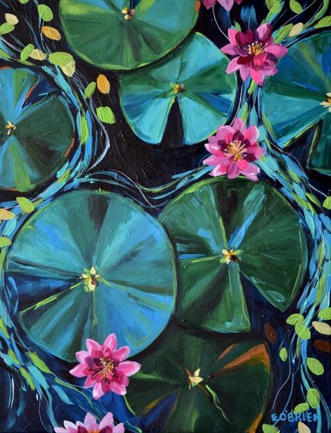 Originals By Elizabeth — Elizabeth O'Brien Art Flowers On Water Painting, Lily Pad Flower Painting, Lilypad Painting Acrylic, Lily Pad Oil Painting, Pond With Lily Pads Drawing, 3 Piece Framed Wall Art, Easy Lily Pad Painting, Lily Pads Art, Lily Pond Painting Easy