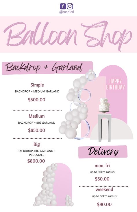 Transform Your Balloon Business with Our Editable Balloon Menu Templates! 🎈 Perfect for Balloon Artists. Bring your balloon decor vision to life and wow your clients with professional pricing and presentation. Download now and elevate your event styling business! #BalloonMenu #BalloonMockup #BalloonDecor #sweetcart #MarqueeLetters #Backdrops #EditableMenu #CanvaTemplates #BalloonArch #BalloonArtist #BalloonGarland #WeddingStyling #PartyDecor Event Decor Price List, Balloon Arch Pricing Guide, Balloon Business Pricing, Balloon Decor Price Guide, Balloon Pricing Guide, Grab And Go Balloon Garland, Balloon Arch Business Opening, Nikkah Decor, Ballon Decoration