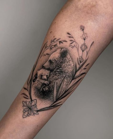 Bear Leg Tattoo For Women, Paw Tattoo With Flowers, Bear Cover Up Tattoo, Mama Bear And Baby Bear Tattoo, Feminine Bear Tattoo For Women, Bear Floral Tattoo, Fineline Bear Tattoo, Bear Tattoo Women, Mom Bear Tattoo