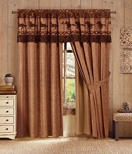 Chezmoi Sedona 4-Pc Southwestern Wild Horses Window Curtains Western Curtains Living Room, Horse Curtains, Turquoise Blue Curtains, Rustic Star Decor, Cowboy House, Cortinas Country, Western Curtains, Primitive Curtains, Horse Room