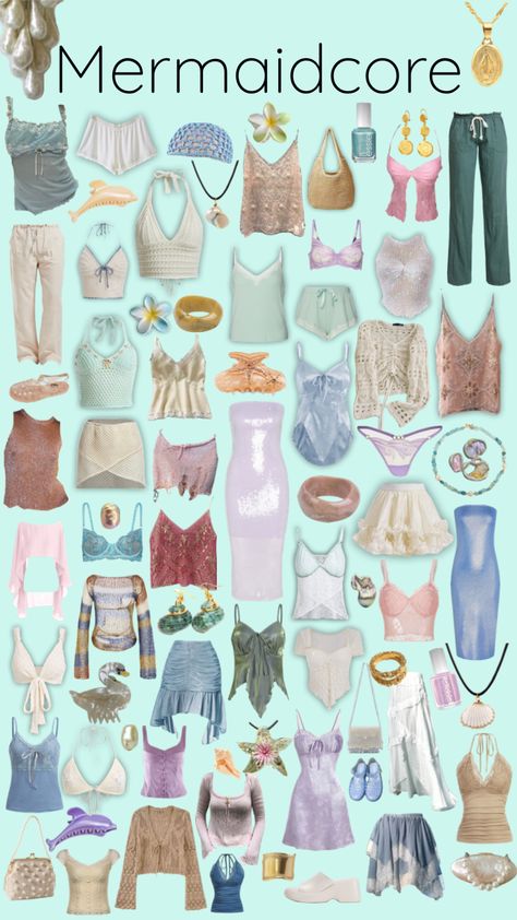 Mermaidcore closet aesthetic y2k outfit ideas #trendy #mermaid #mermaidcore #y2k #y2kfashion #outfits #beach #beachgirl Mermaid Y2k Aesthetic, Mermaid Outfit Inspo Aesthetic, Mermaid Core Dress Short, Mermaid Asethic Outfit, Casual Mermaidcore Outfit, Mermaid Aesthetic Outfit Winter, Mermaid Aesthetic Fashion, Mermaid Aesthetic Bikinis, Sea Witch Clothes