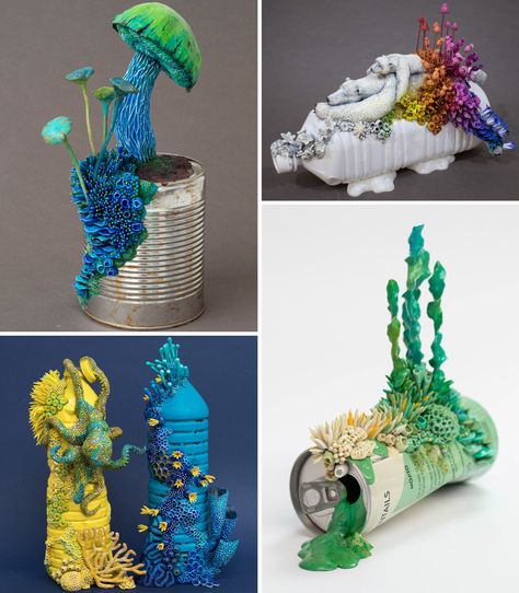 Coral and Plant Life Consume Discarded Objects in Post-Apocalyptic Sculptures by Stéphanie Kilgast | Colossal Sculpy Ideas, Discarded Objects, Recycle Sculpture, Waste Art, Coral Sculpture, Clay Inspo, Recycled Art Projects, Coral Art, Trash Art