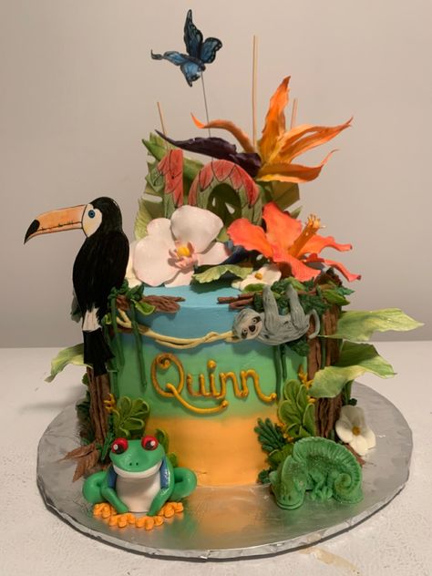 Rainforest Cake Ideas, Vanilla Pudding Mousse, Rain Forest Birthday, Rainforest Cake, Amazon Cake, Cake With Vanilla Pudding, Rainforest Birthday, Parrot Cake, Rainforest Party