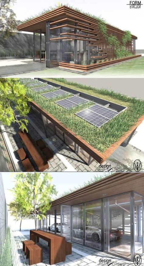 This garage is environmental friendly with the grass and solar panels on its roof. Medical Technology, Peisaj Urban, Arsitektur Masjid, Roof Architecture, Building Roof, Green Architecture, Garage Design, Eco House, Roof Garden