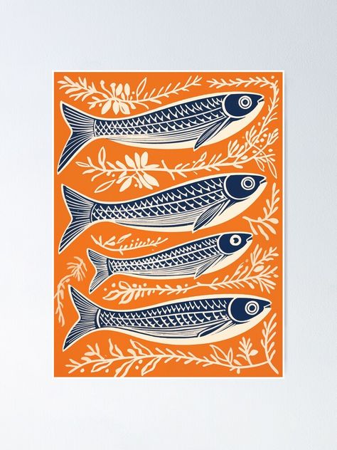 "Danish Woodcut Linocut Sardine Fish Print" Poster for Sale by Katherine Keenan Fish Screen Print, Fish Poster Design Ideas, Fish Cut Outs, Sardine Fish, Screen Printing Art, Lino Cut, Fish Illustration, Nice Art, Fish Print