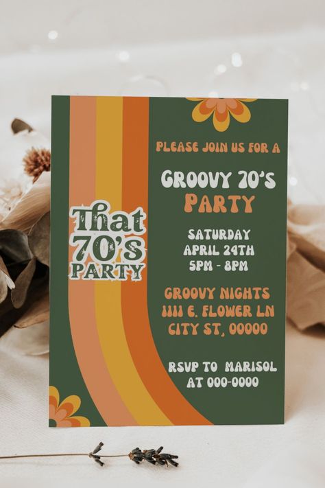 Retro 70's Party invitation. This 70's party invitation is minimalist yet trendy. Editable, printable template. Step into a world of, nostalgia, and non-stop fun with our groovy 70's Party Invitation! Perfect for birthdays or any 70's-themed extravaganza, this 5x7 template on Canva is your ticket to a blast from the past. 75th Birthday Invitations, 70s Theme Party, 70's Party, Bday Invitations, 70s Party, Adult Birthday Party, Retro Party, Good Times Roll, Some Text