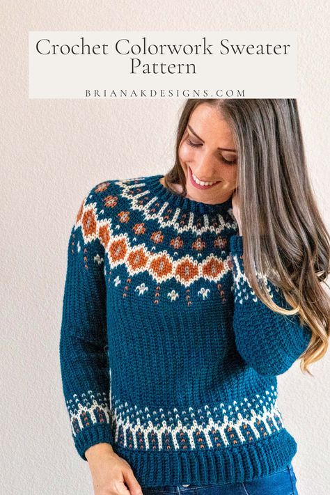 Crochet Fairisle Sweater Pattern, Crochet Fair Isle Sweater, Crochet Colourwork Sweater, Christmas Crochet Sweater Pattern Free, Crochet Sweater Women, Colorwork Crochet Sweater, Nordic Crochet Sweater Pattern, Scandinavian Sweater Pattern, Knit Colorwork Sweater