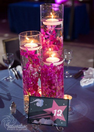 Submerged orchid centerpieces and candlelight added to the dreamy vibe. See more at www.mitzvahmarket.com. Submerged Orchid Centerpiece, Orchids Centerpiece, Bat Mitzvah Decorations, Starry Night Theme, Bat Mitzvah Centerpieces, Pink Bat Mitzvah, Bar Mitzvah Centerpieces, Mitzvah Centerpieces, Starry Wedding