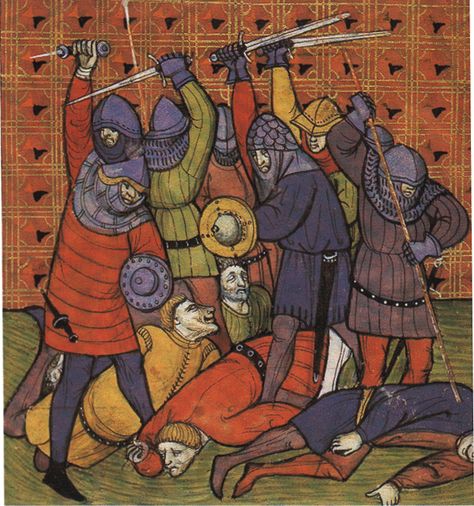 14th Century Knights | Soldiers killing peasants. Late 14th century. 14th Century Armor, 14th Century Art, Types Of Armor, Medieval Artwork, Century Armor, Historical Artwork, Early Middle Ages, Knight Art, Medieval Manuscript