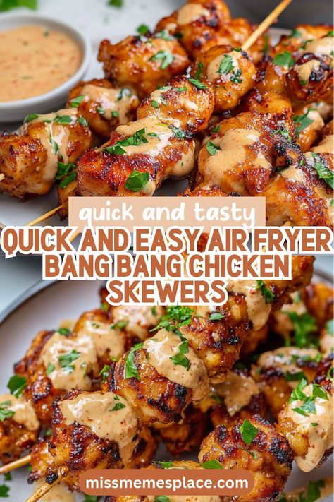 Looking for a quick and delicious dish that’s sure to wow? Try these Air Fryer Bang Bang Chicken Skewers! This simple recipe takes just minutes to prepare and cook, making it perfect for busy weeknights or spontaneous gatherings. Marinated in a zesty blend of spices and served with a creamy, spicy sauce, these skewers are crispy on the outside and juicy on the inside. Pair them with your favorite dipping sauces and sides for a meal that will leave everyone asking for seconds! Chicken Kabob Air Fryer, Air Fryer Chicken Skewer Recipes, Mini Chicken Skewers Appetizers, Chicken Skewers Appetizers, Chicken Hors D’oeuvres, Chicken Kabobs Air Fryer, Quick Air Fryer Meals, Skewer Ideas, Skewers Appetizers