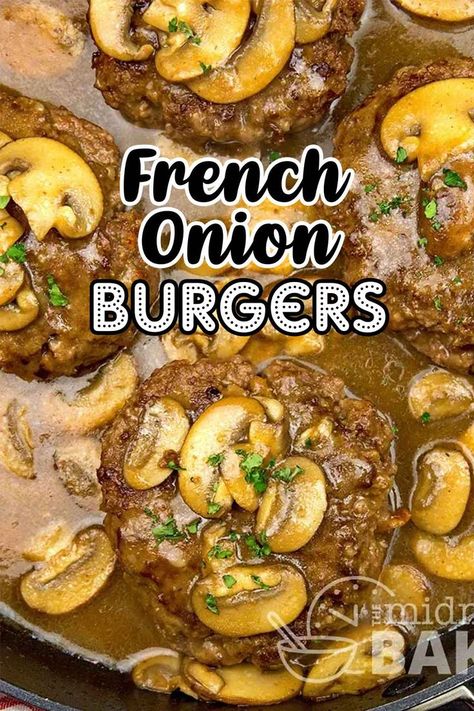 Take Father's Day to a whole new level with these mouthwatering French Onion Burgers! Juicy beef patties are infused with the rich and savory flavors of French onion soup. Topped with melted cheese and caramelized onions. These is the ultimate Father's Day Burger recipe. French Onion Soup Burger Recipe, Recipe For Roasted Potatoes, French Onion Soup Burger, Onion Soup Burgers, French Onion Burgers, Juicy Burger Recipe, Onion Burgers, Onion Burger, Salisbury Steak Recipes