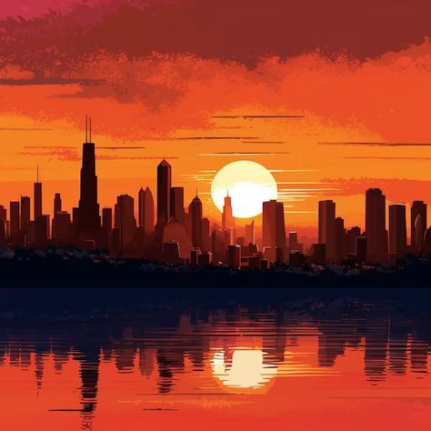 Photo sunset over a city skyline with a ... | Premium Photo #Freepik #photo #sunset-city #city-sky #skyline #city Sunset Abstract Art, City Sunset Painting, City Silhouette Art, City Sunset Aesthetic, Sunset In City, New York City Illustration, City Landscape Painting, City Scape Painting, Drawing Sunset