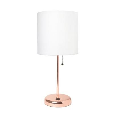 19.5 in. White and Rose Gold Stick Lamp with USB Charging Port Rose Gold Rooms, Rose Gold Table, Shade Roses, College Dorms, Gold Bedroom, Gold Table Lamp, Gold Table, Metal Table Lamps, White Table Lamp