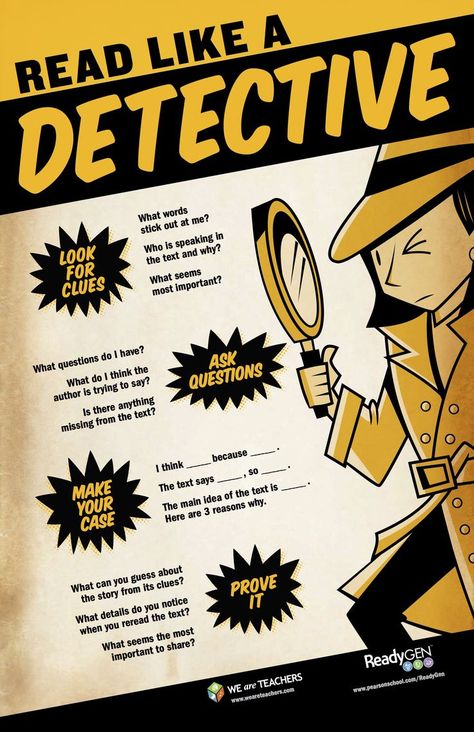 Read Like a Detective - Close Reading Classroom Poster #weareteachers Detective Themed Classroom, Detective Theme, Reading Posters, We Are Teachers, Ela Classroom, Readers Workshop, Reading Classroom, Close Reading, Reading Resources