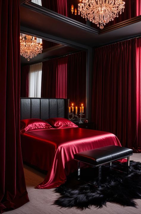 Red And Black Bedroom Ideas, Red And Black Bedroom, Cozy Dark Bedroom, Red Headboard, Black Bedroom Ideas, Black Bedroom Design, Black Bed Frame, Cozy Fall Bedroom, Masculine Bedroom