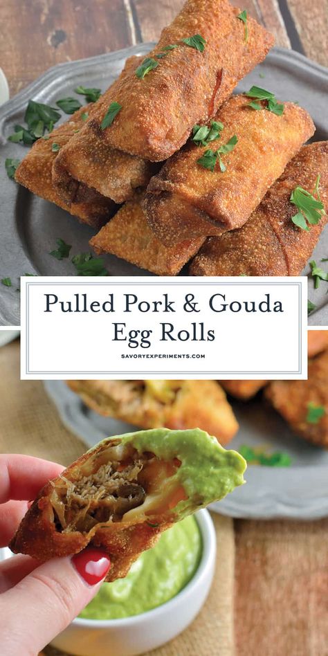 Pulled Pork and Gouda Egg Rolls - The Country Cook. Savory Egg Rolls, Pulled Pork Egg Rolls, Pork Wraps, Homemade Egg Rolls, Pork Egg Rolls, Crispy Egg, Chicken Spring Rolls, Smoked Gouda Cheese, Vodka Pasta