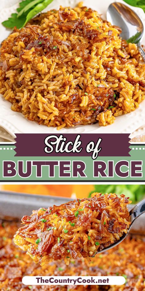 This quick and easy Stick of Butter Rice recipe has only 4 ingredients and is a fantastic side dish. It packs a punch of flavor and can be prepped in minutes! Rice And Meat Recipes Easy Dinners, Mongolian Rice Recipe, Super Fast Easy Dinners, Essen, Stick If Butter Rice, Easy Flavorful Rice, Rice And Meat Dishes, Side Starch Dishes, Quick Rice And Beans