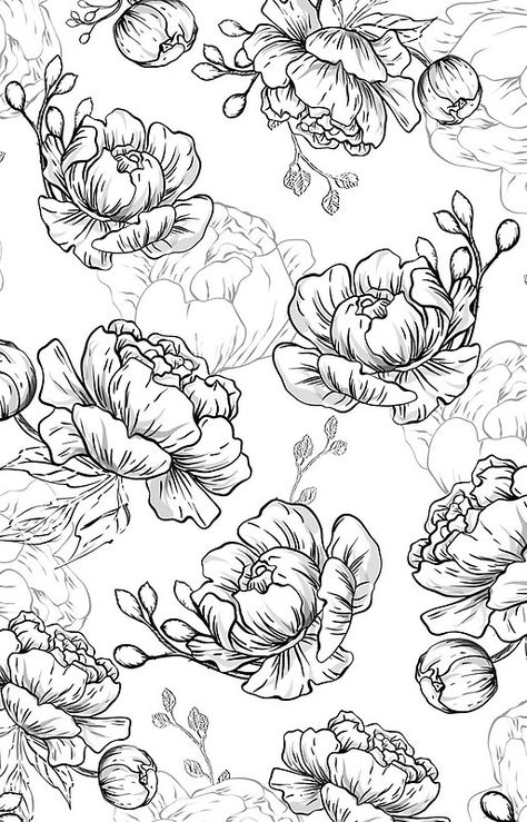 Peonies floral pattern Floral Line Pattern, Floral Line Drawing Pattern, Floral Print Drawing, Modern Floral Drawing, Floral Sketches Design, Floral Illustrations Black And White, Flower Pattern Drawing Floral Design, Floral Patterns To Draw, Floral Doodles Pattern