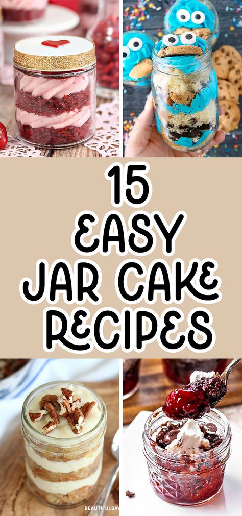 Looking for mouthwatering jar cake recipes? These delectable and easy-to-make jar cakes are perfect for any occasion. From birthdays to anniversaries, these sweet treats will impress your loved ones. You'll find red velvet cake, carrot cake, cookie monter cake, and more. Cake In A Jar How To Make, Chocolate Cake Jars Ideas, Cupcake In A Jar Recipe, Mason Jar Sweets, Cake Bowl Desserts, Strawberry Cake Jar, Canned Cake In A Jar, Mini Jar Cakes, Apple Cake In A Jar