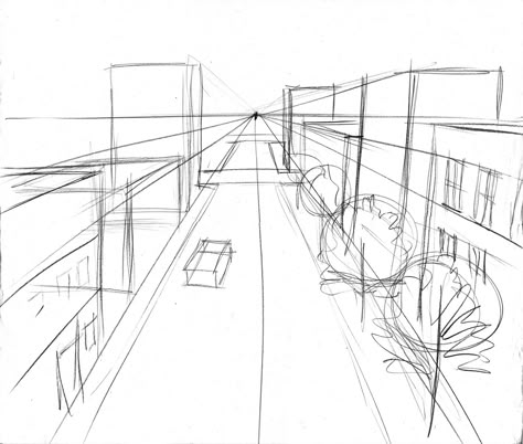 One Point exterior- Street view.  Here's a quick sketch of a street scene. Start with the horizon line- establish it is at 6' elevation. Dra... Street Perspective Sketch, Street View Drawing Perspective, One Point Prespective Sketches City, Horizon Line Perspective, One Point Perspective Street View, How To Draw A Street, Street Drawing Reference, Horizon Line Drawing, Street Perspective Drawing