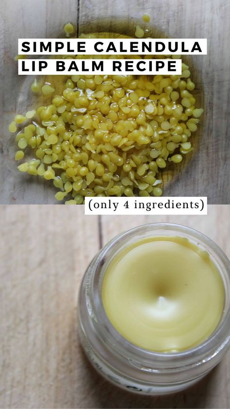 An overhead shot of homemade calendula lip balm on a wooden cutting board next to beeswax pellets. Diy Vaseline Lip Balm, Linen Spray Recipe, Calendula Balm, Homemade Balm, Healing Lip Balm, Medicine Recipes, Health Herbs, Lip Balm Recipe, Diy Lip Balm Recipes