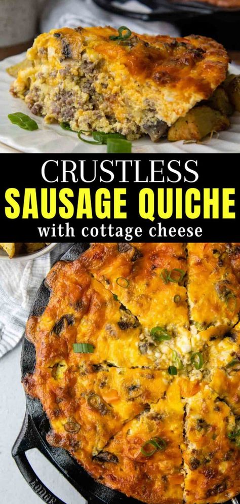 Quiche With Cottage Cheese, Sausage Quiche Recipes, Breakfast Quiche Recipes Easy, Quiche Recipes Crustless, Easy Breakfast Dishes, Cottage Cheese Recipes Healthy, Gluten Free Quiche, Sausage Quiche, Cottage Cheese Breakfast