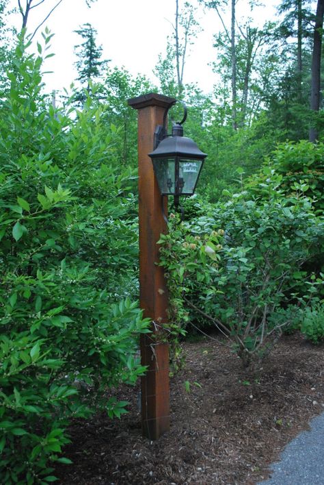 Lamp Post Installation in NH - Fences Unlimited Light Posts Outdoor Diy Wood, Outdoor Lighting Posts, Homemade Outdoor Lamp Post, Backyard Lamp Post Ideas, Lamp Post Ideas Front Yard, Light Post Driveway, Solar Lamp Posts Front Yard, Rustic Lamp Post Outdoor, Landscape Lamp Post