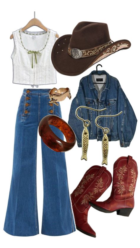 Western Outfits Bell Bottoms, 70 Western Fashion, 1970s Country Fashion, Yellow Stone Outfits, Aesthetic Outfits With Cowgirl Boots, Western Outfit Concert, Country Rockstar Outfit, Disco Cowgirl Outfit Winter, 80s Cowboy Boots Outfit