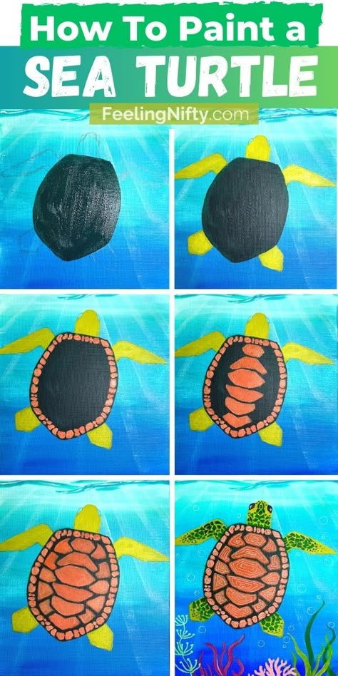 Sea Turtle Painting Ideas, Painted Sea Turtle, Sea Turtle Painting Tutorial, Painting A Turtle, How To Draw A Turtle Step By Step, Ocean Canvas Painting Easy, Sea Turtle Painting Acrylic Step By Step, Painting Summer Ideas, How To Paint A Turtle